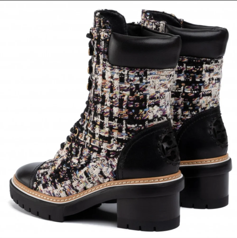 Tory Burch Miller Lug Sole Leather and Tweed size Lace Up Boot 9